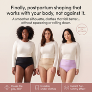 Three hellobelly models wearing black, beige and lilac Sculpt Briefs with product benefits.